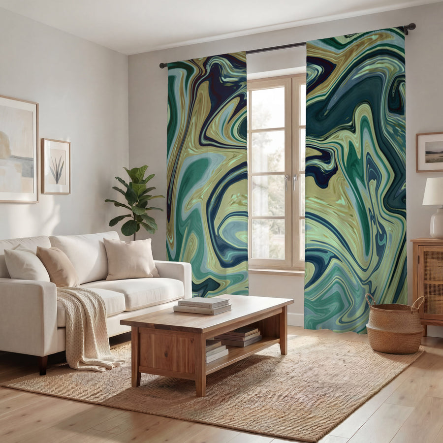 Sage Gold Marble Flow Window Curtains