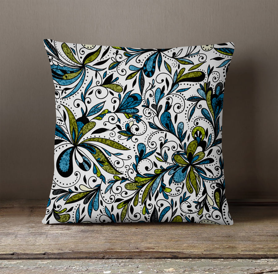 Blue Lime Ornamental Paisley Throw Pillow Cover