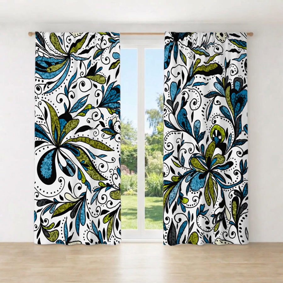 Blue Lime Ornamental Paisley Window Curtains