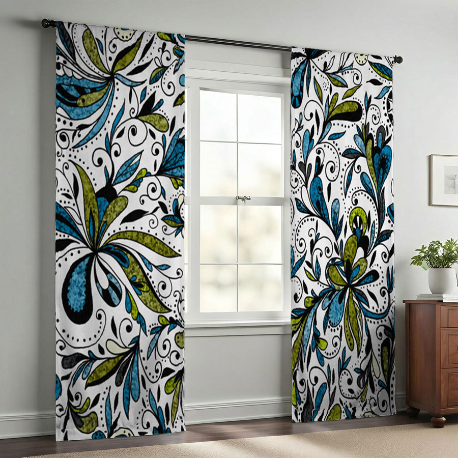 Blue Lime Ornamental Paisley Window Curtains