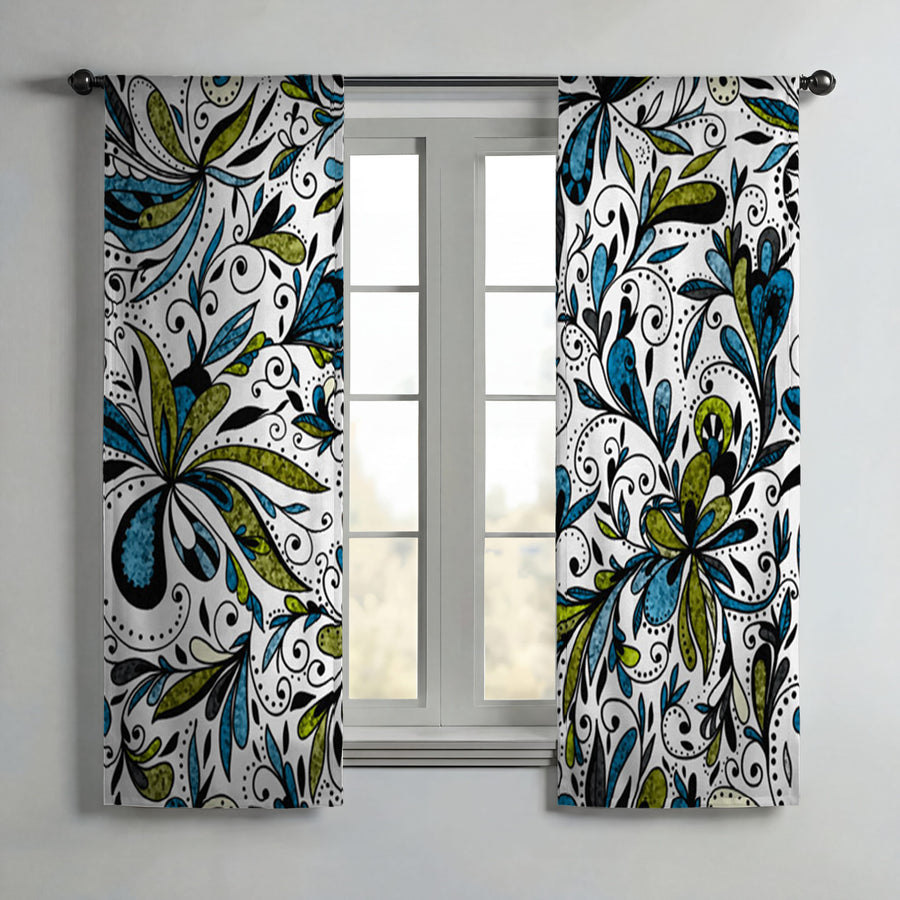 Blue Lime Ornamental Paisley Window Curtains
