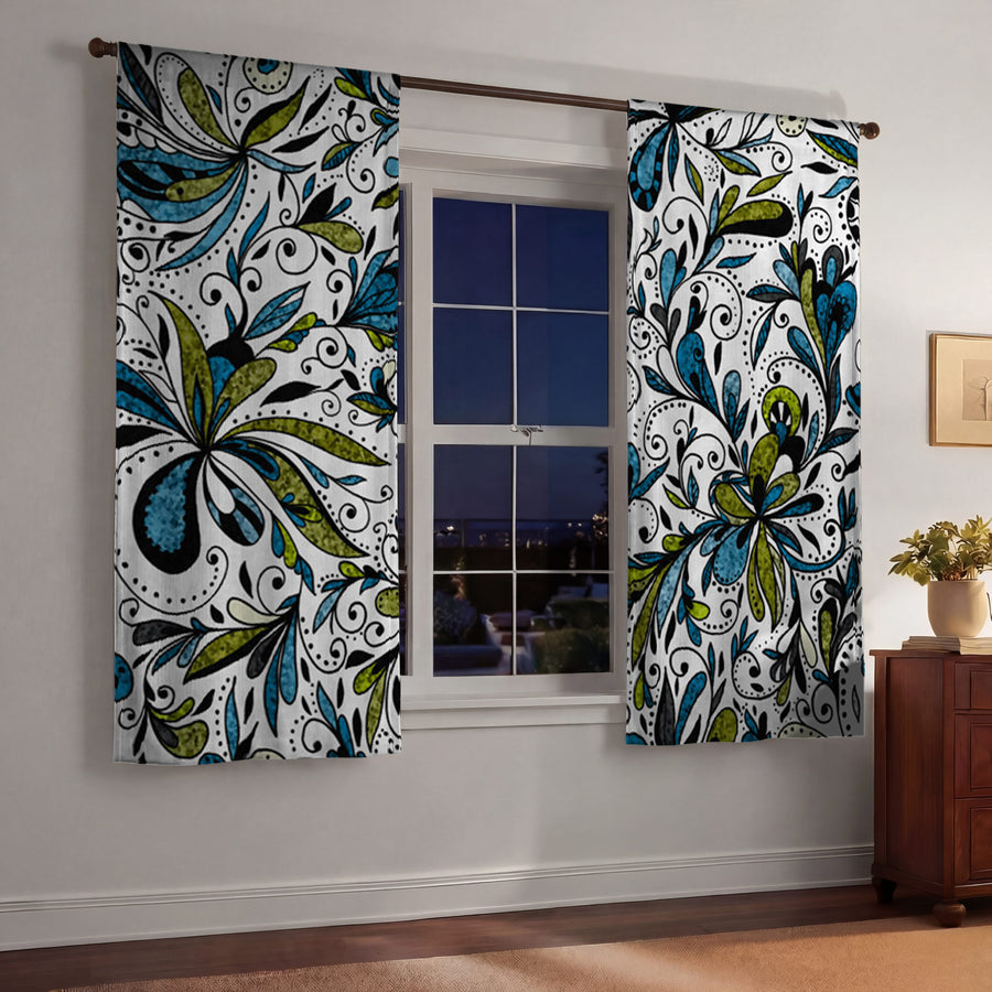 Blue Lime Ornamental Paisley Window Curtains