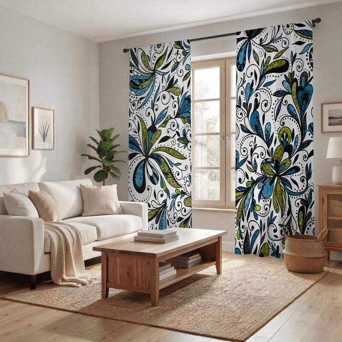 Blue Lime Ornamental Paisley Window Curtains