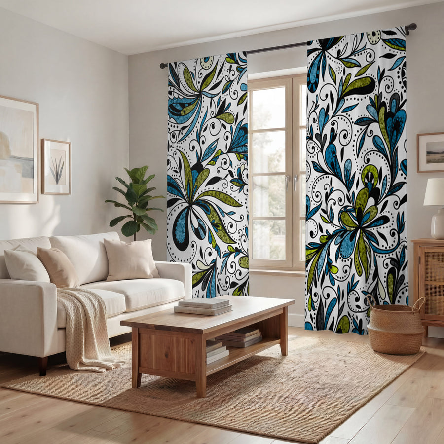 Blue Lime Ornamental Paisley Window Curtains