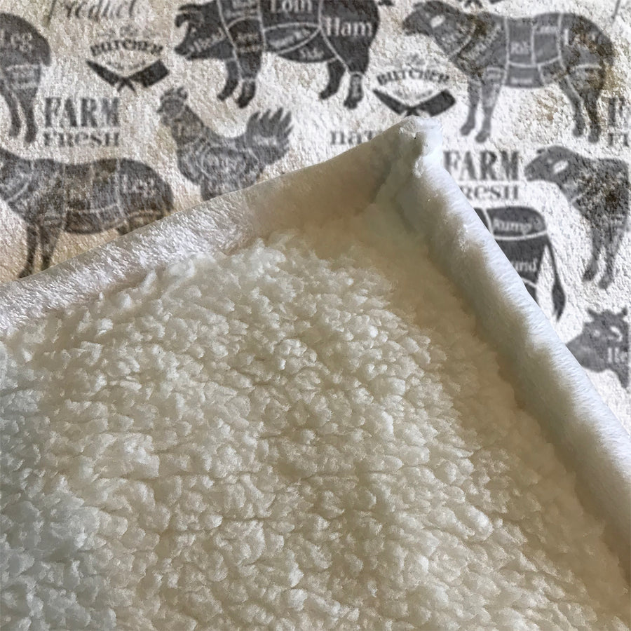 Gray Farm Animal Sketch Pattern Fleece Sherpa Blanket