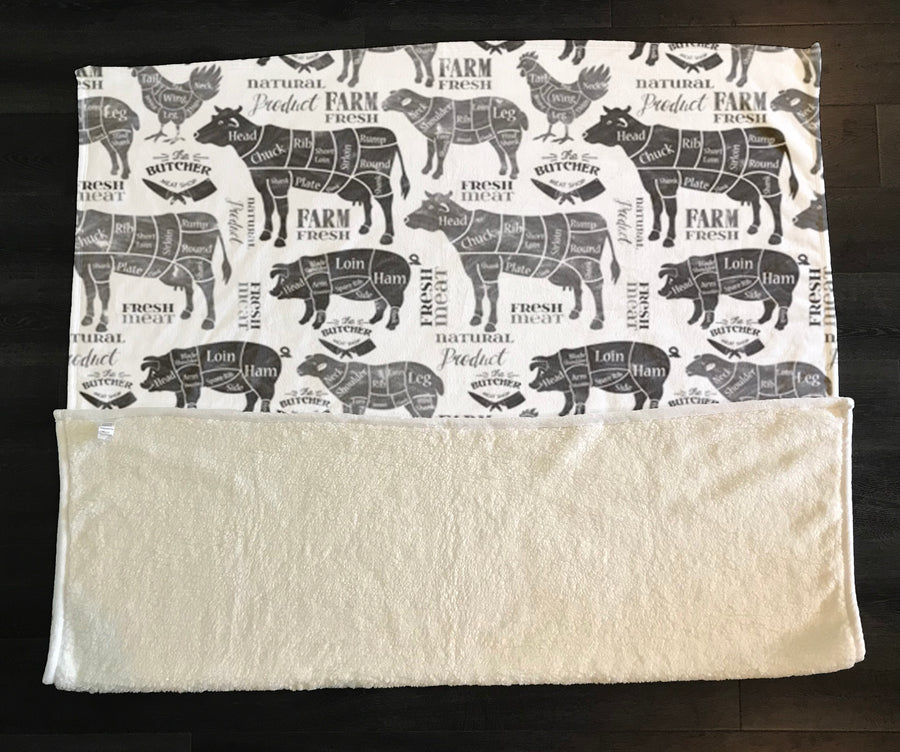 Gray Farm Animal Sketch Pattern Fleece Sherpa Blanket