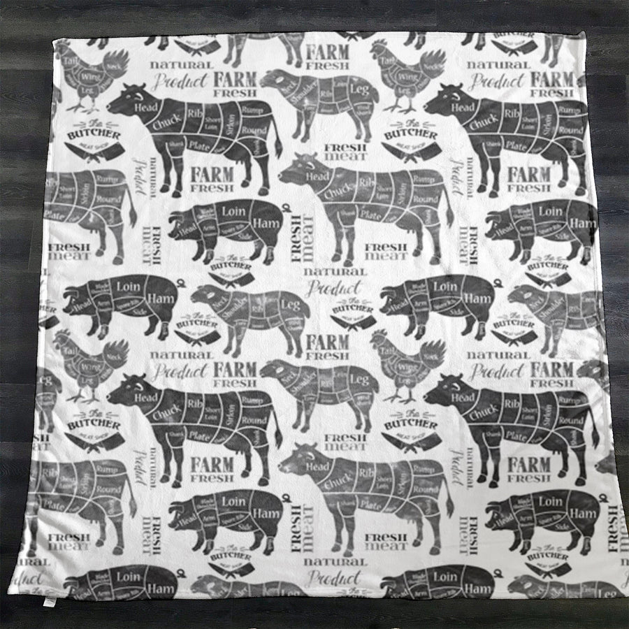 Gray Farm Animal Sketch Pattern Fleece Sherpa Blanket