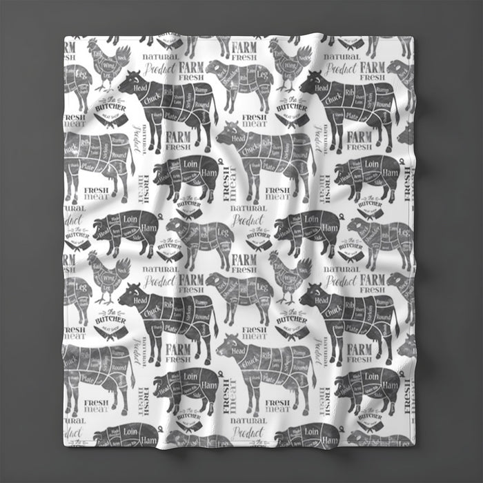 Gray Farm Animal Sketch Pattern Fleece Sherpa Blanket