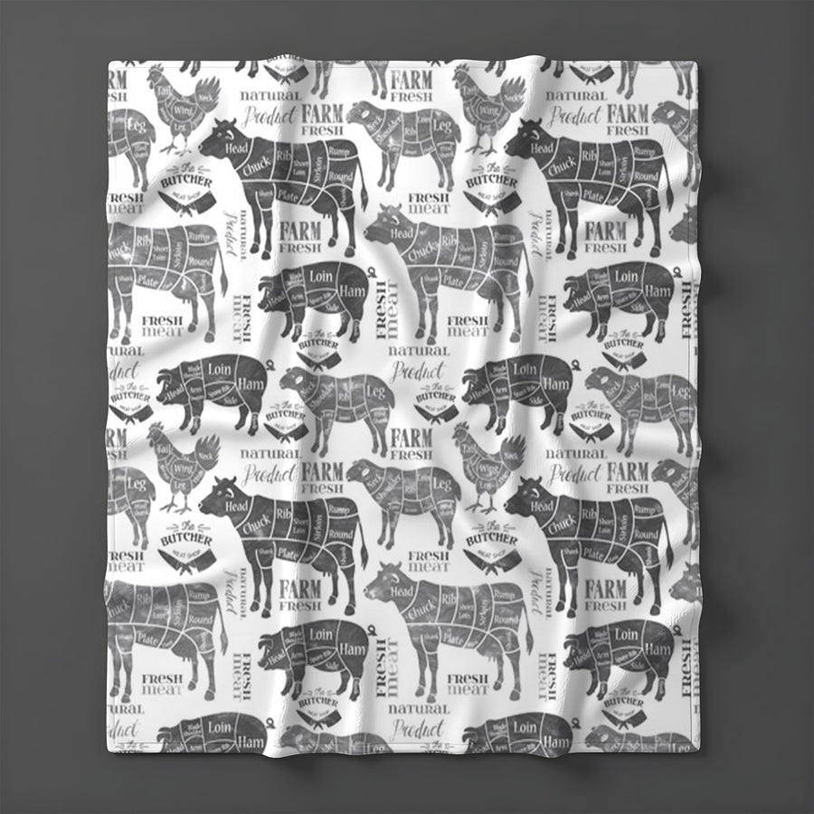 Gray Farm Animal Sketch Pattern Fleece Sherpa Blanket