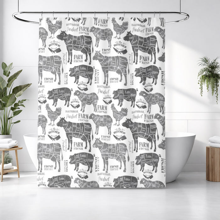 Gray Farm Animal Sketch Pattern Shower Curtain