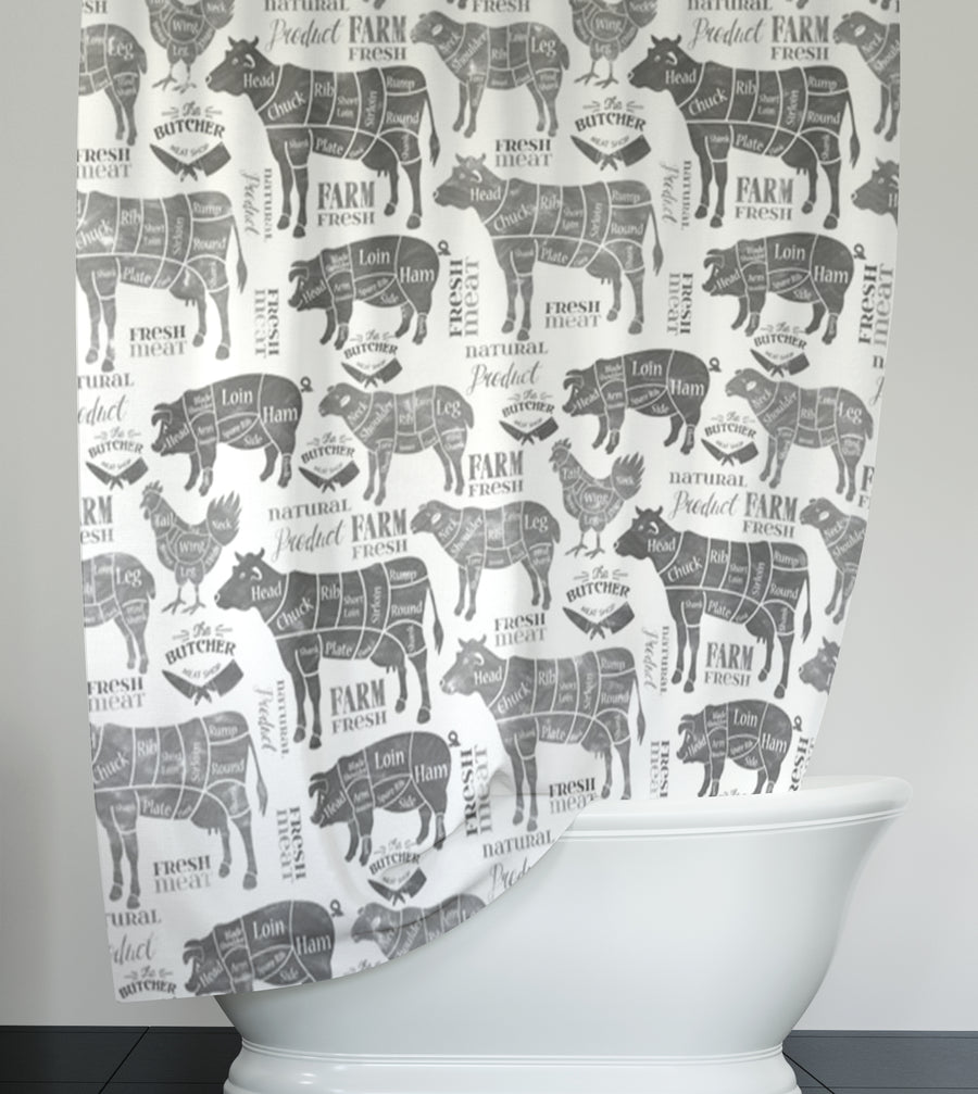 Gray Farm Animal Sketch Pattern Shower Curtain