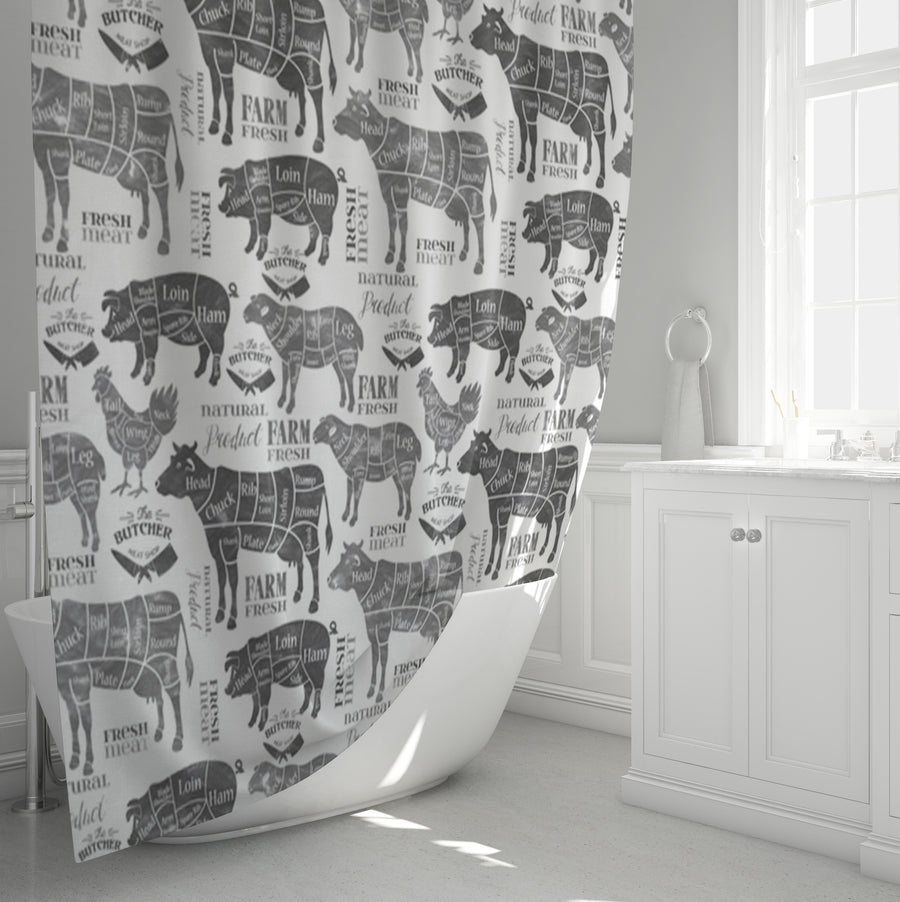 Gray Farm Animal Sketch Pattern Shower Curtain