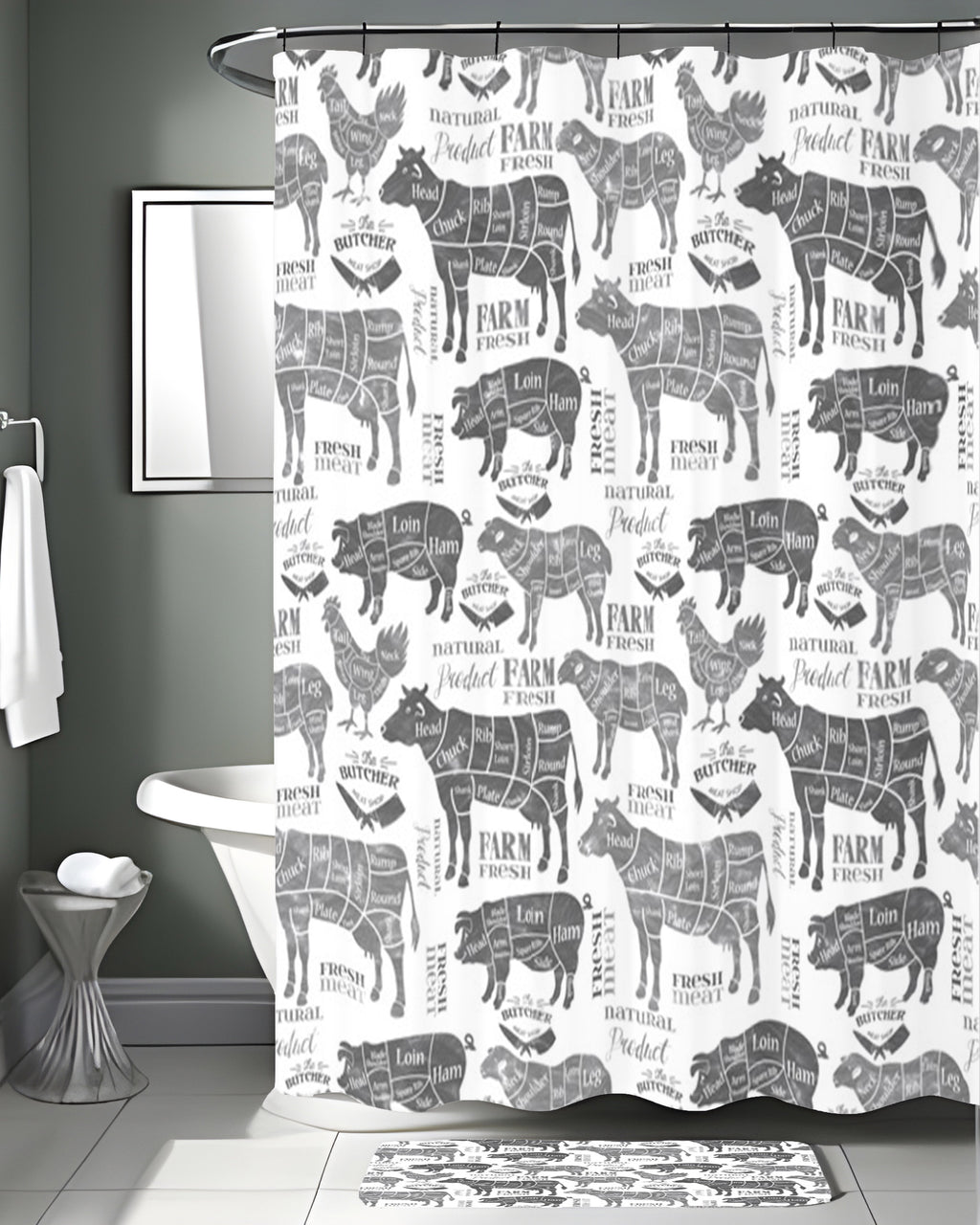 Gray Farm Animal Sketch Pattern Shower Curtain