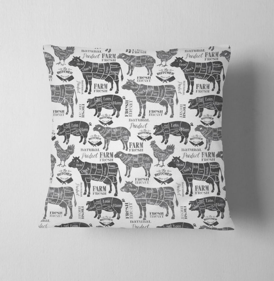 Gray Farm Animal Sketch Pattern Throw Pillow Cover