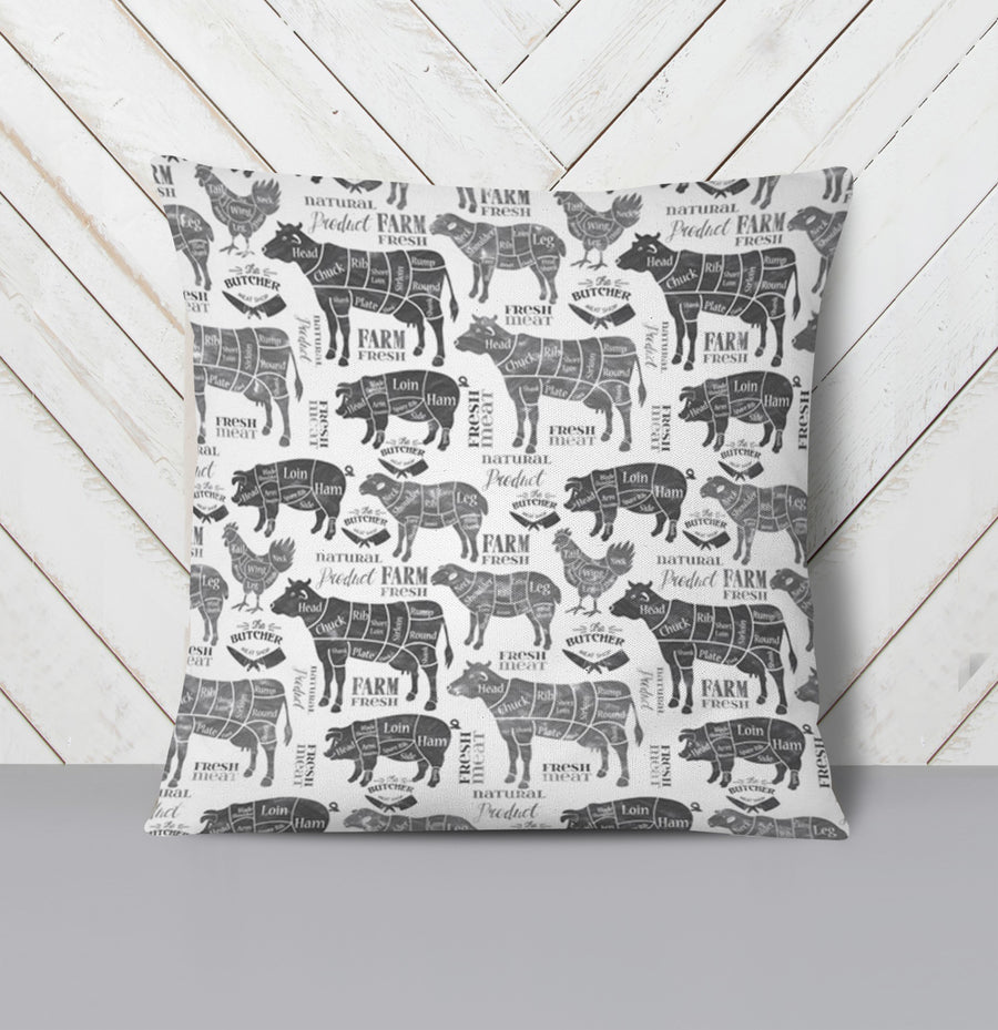 Gray Farm Animal Sketch Pattern Throw Pillow Cover