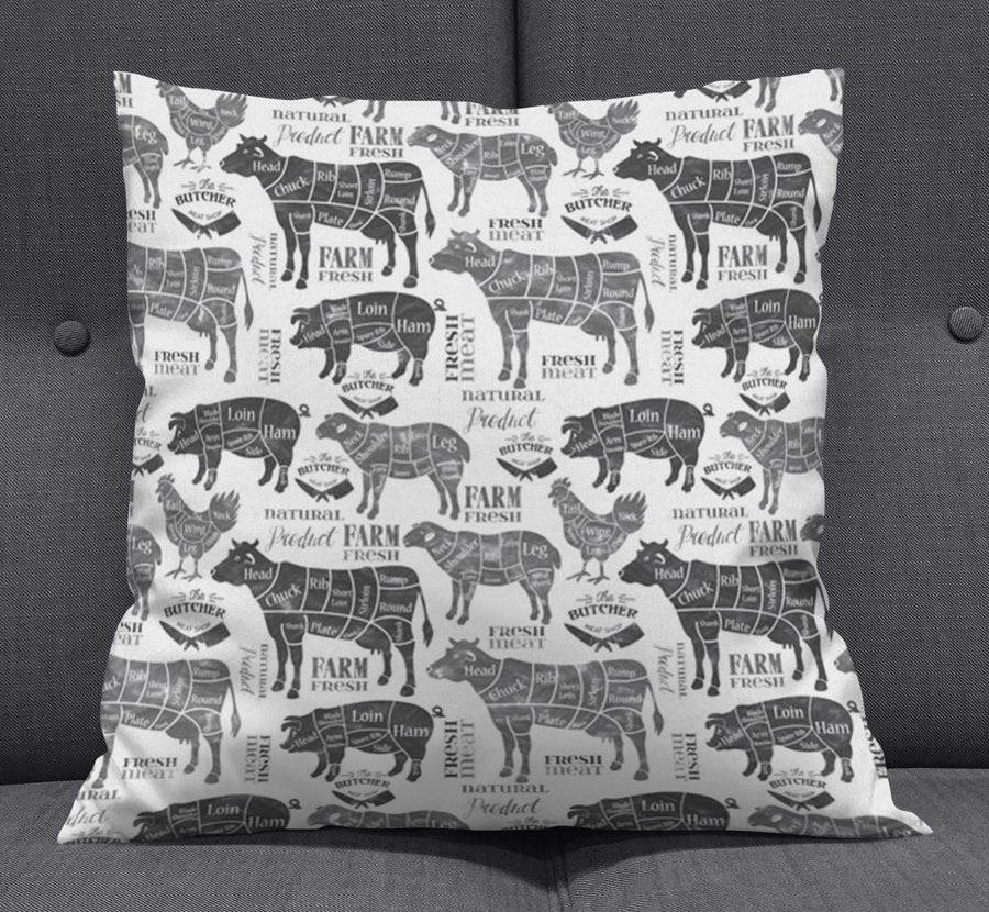 Gray Farm Animal Sketch Pattern Throw Pillow Cover