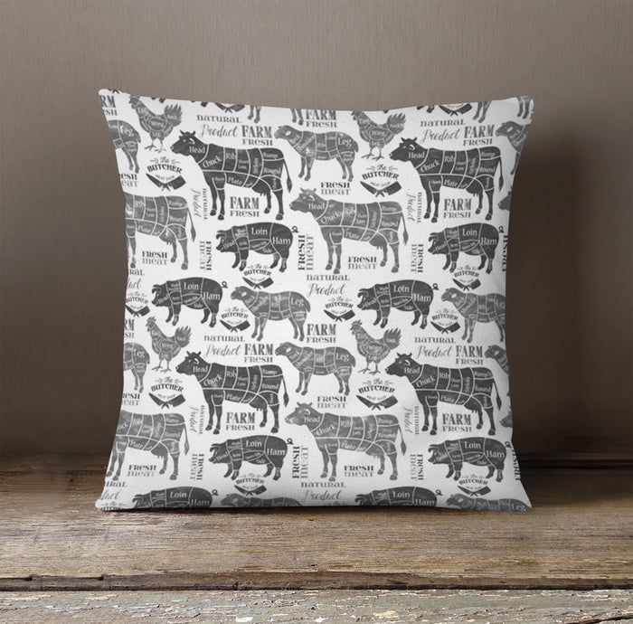 Gray Farm Animal Sketch Pattern Throw Pillow Cover