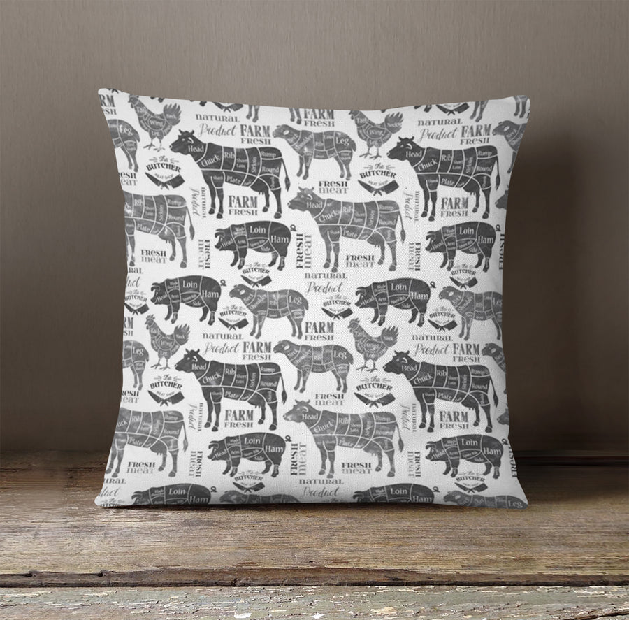 Gray Farm Animal Sketch Pattern Throw Pillow Cover