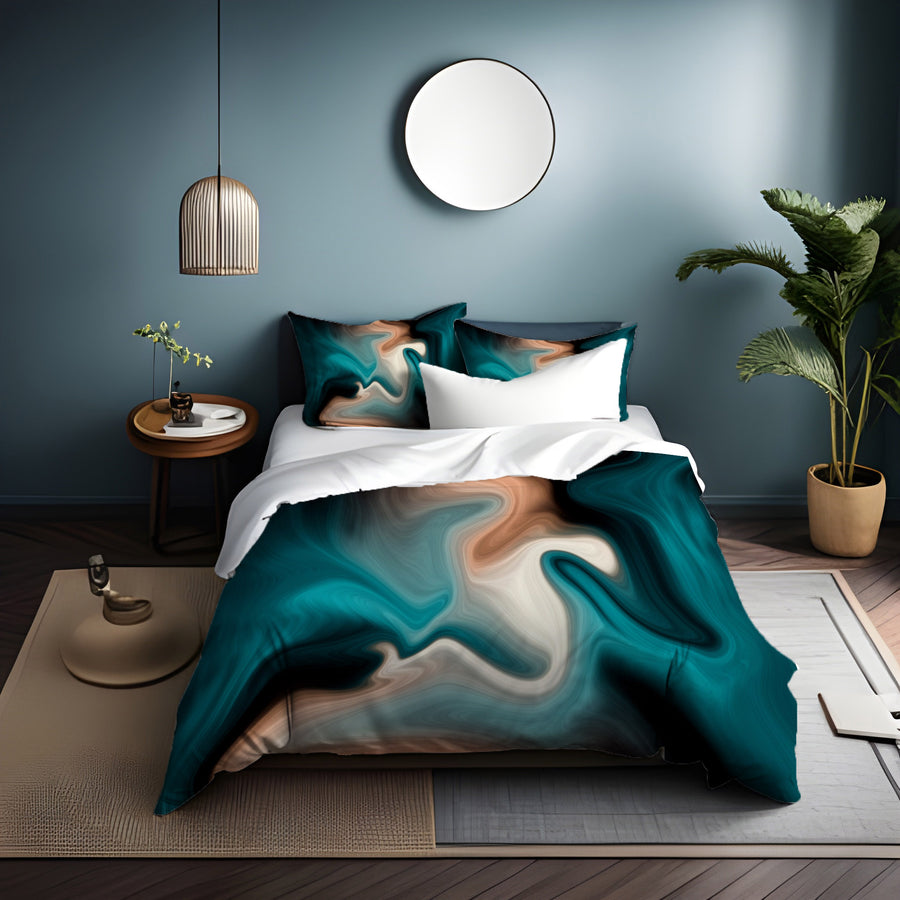Teal Tan and Black Smoke Swirl Duvet Cover
