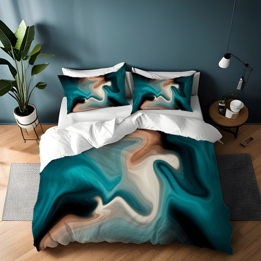 Teal Tan and Black Smoke Swirl Duvet Cover