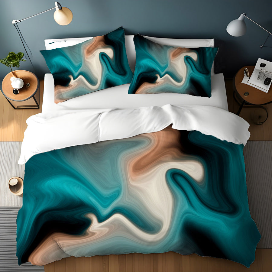 Teal Tan and Black Smoke Swirl Duvet Cover