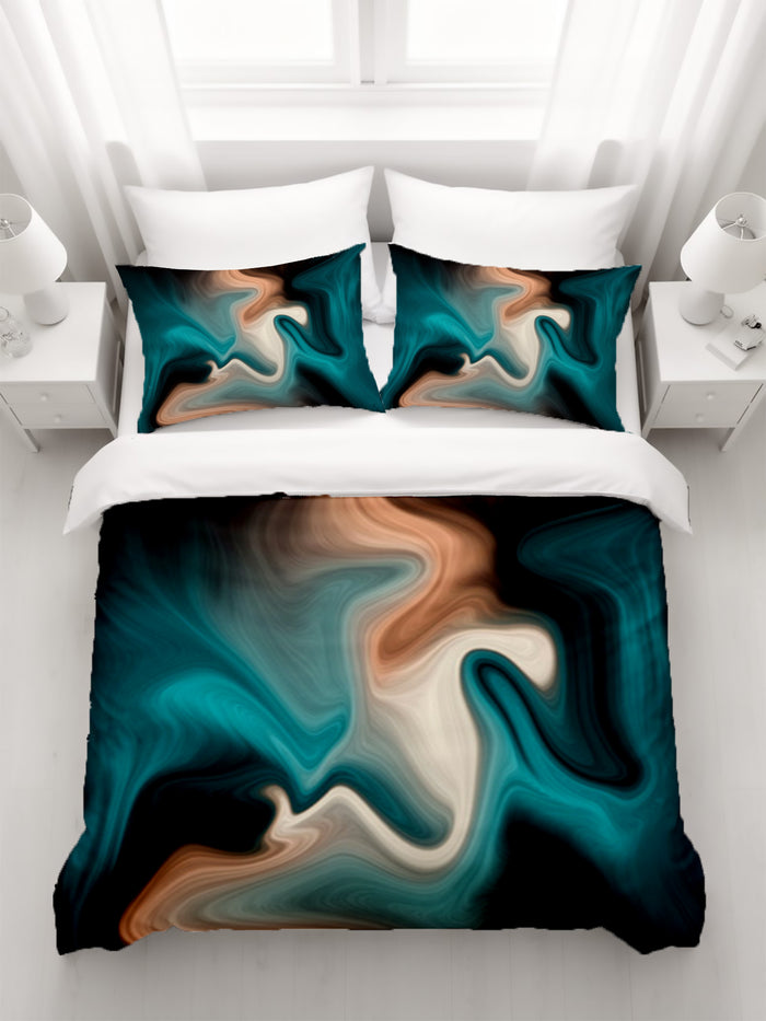 Teal Tan and Black Smoke Swirl Duvet Cover