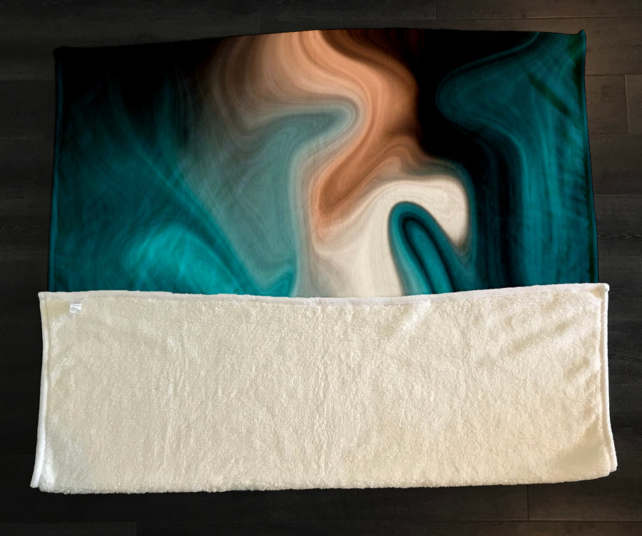 Teal Tan and Black Smoke Swirl Fleece Sherpa Blanket