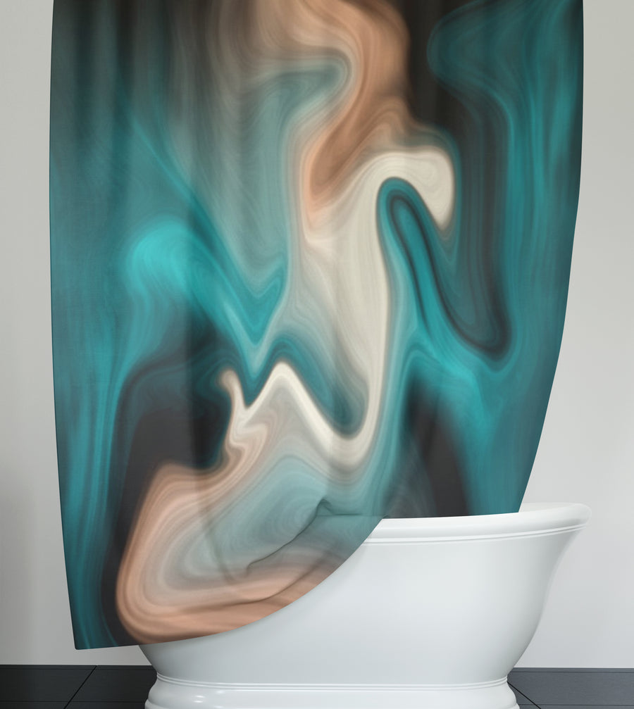 Teal Tan and Black Smoke Swirl Shower Curtain