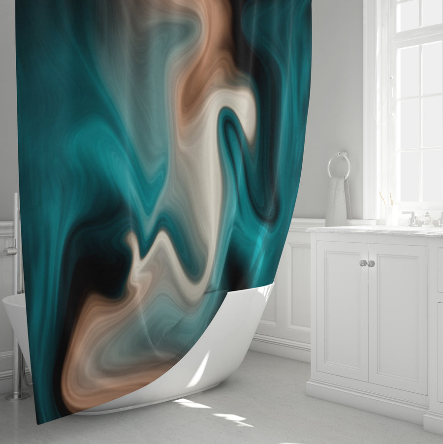 Teal Tan and Black Smoke Swirl Shower Curtain