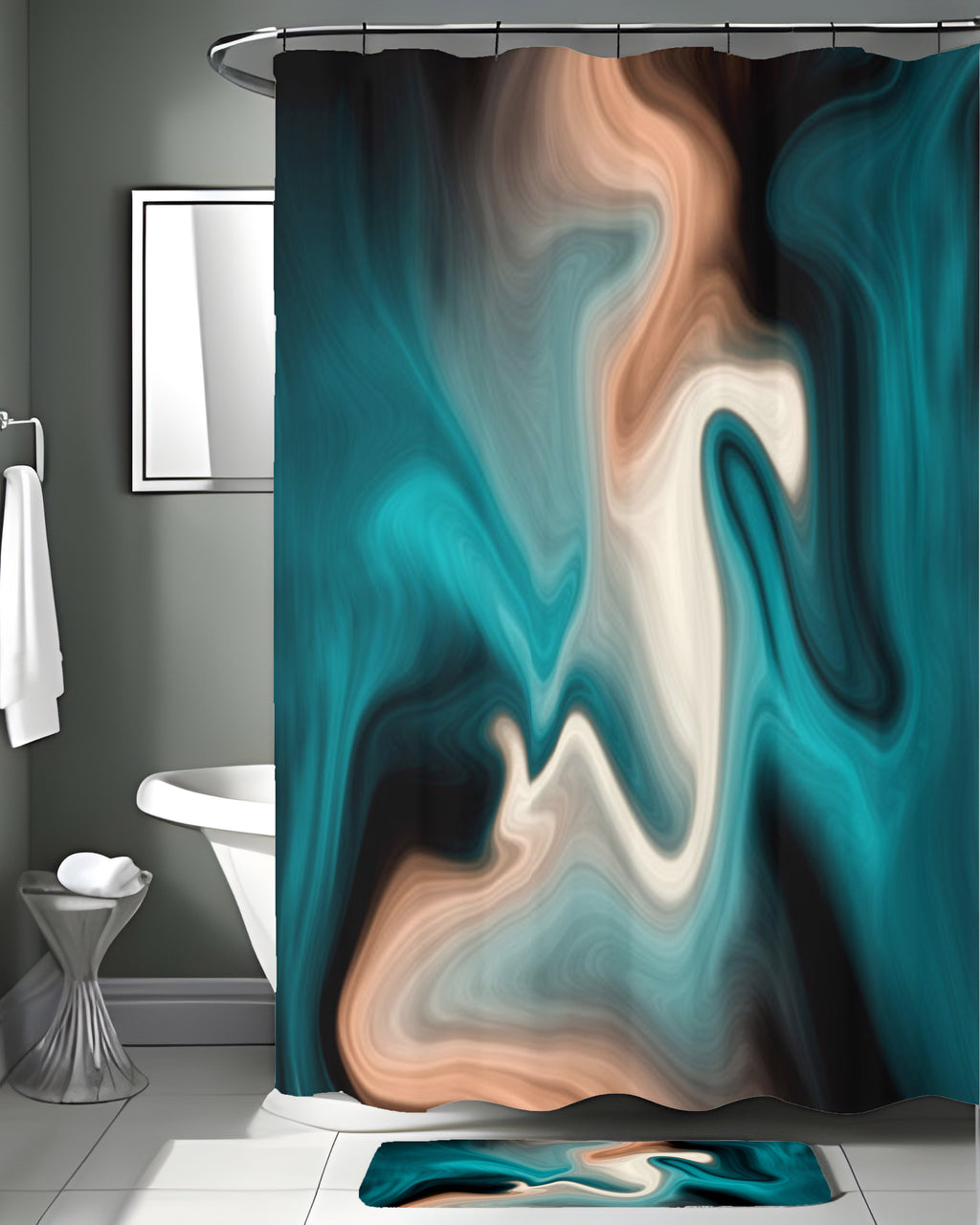 Teal Tan and Black Smoke Swirl Shower Curtain