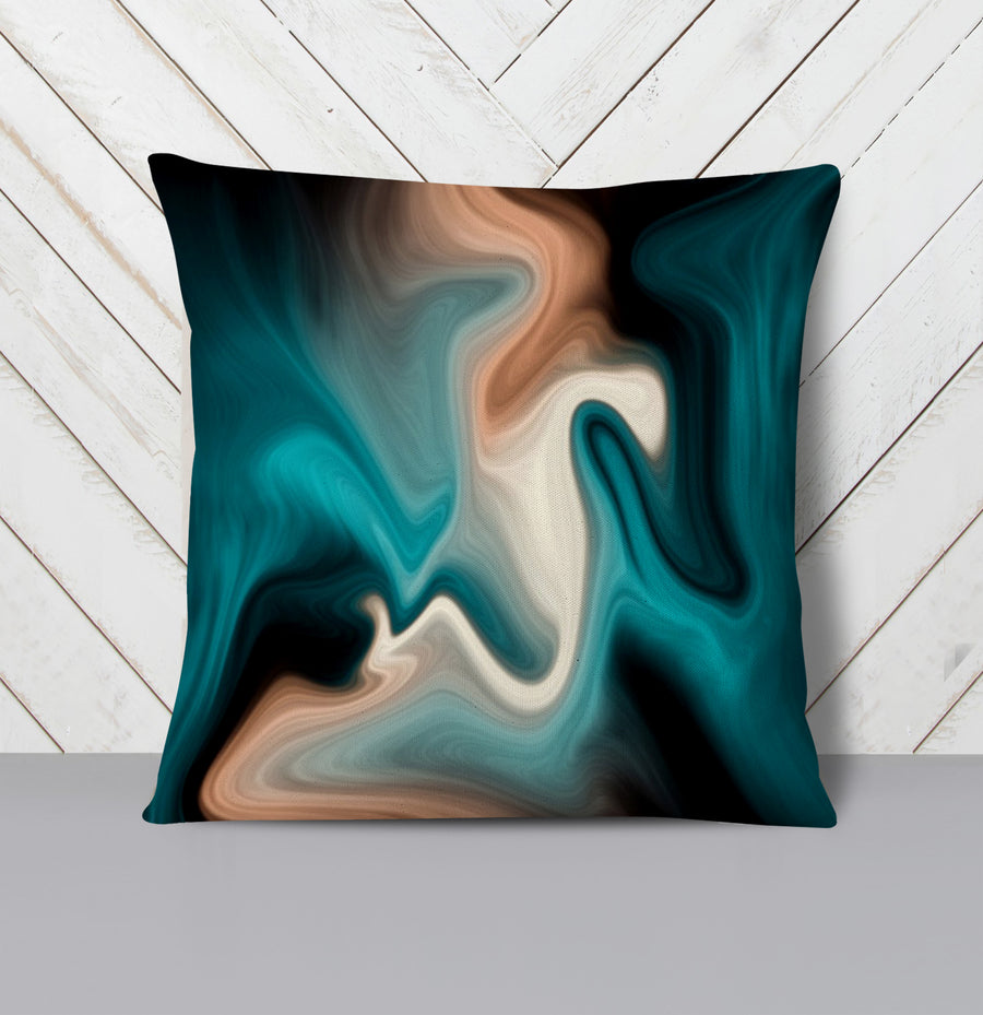 Teal Tan and Black Smoke Swirl Throw Pillow Cover