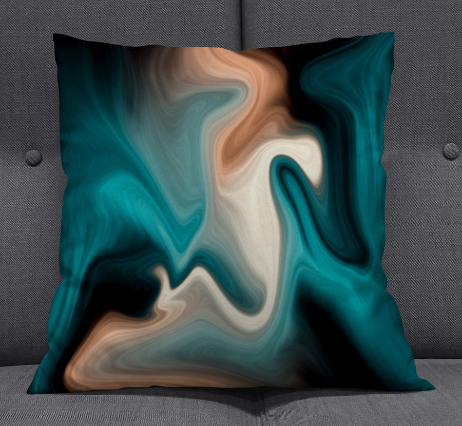Teal Tan and Black Smoke Swirl Throw Pillow Cover