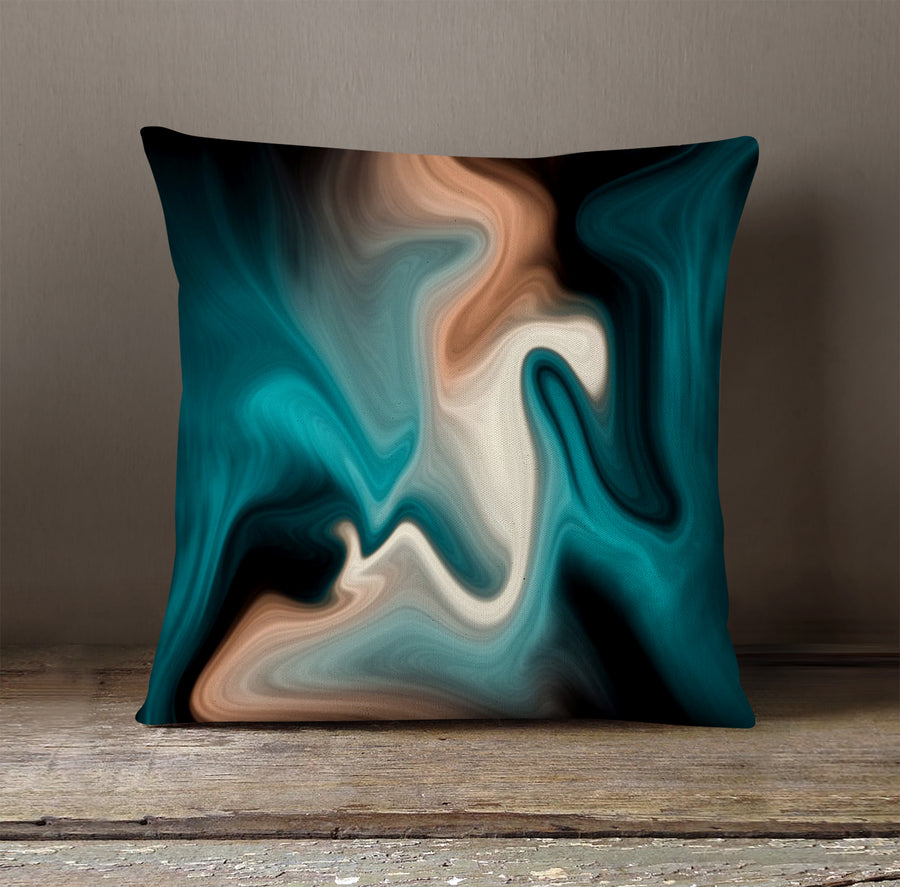 Teal Tan and Black Smoke Swirl Throw Pillow Cover