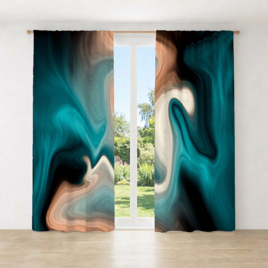 Teal Tan and Black Smoke Swirl Window Curtains