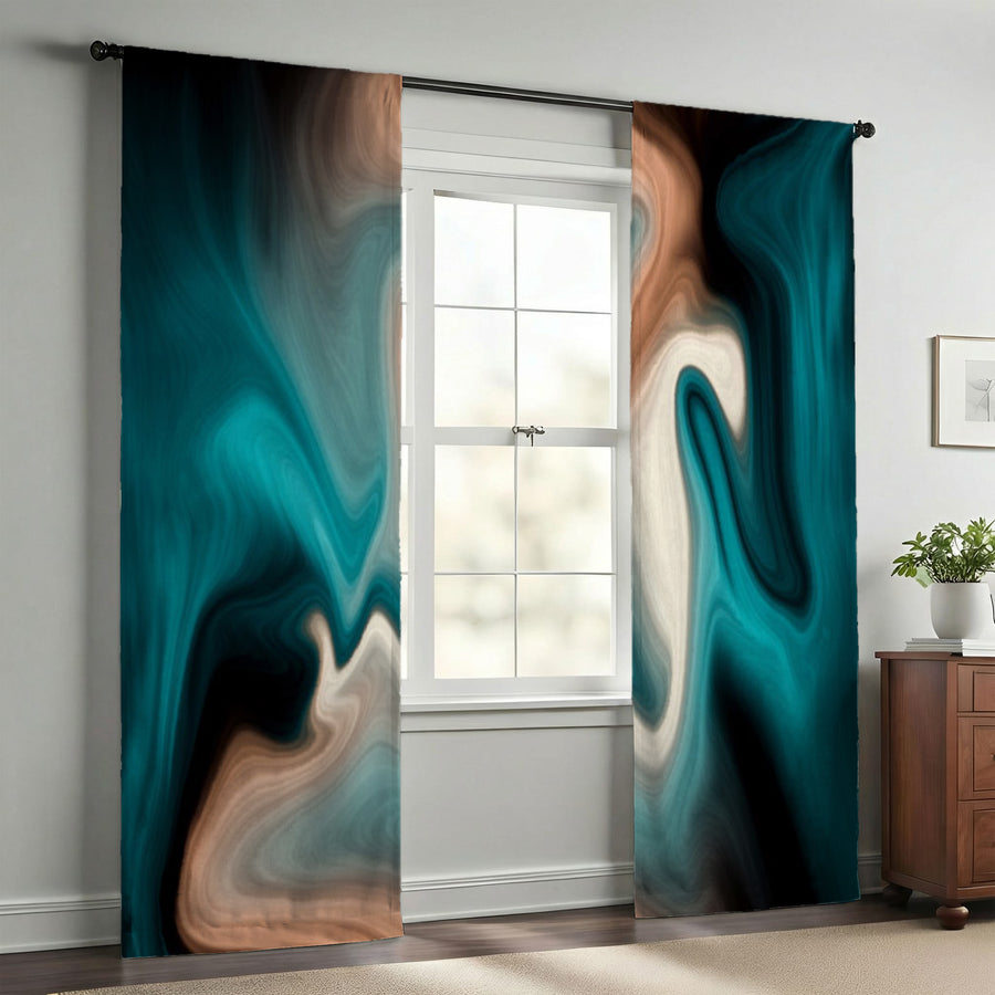 Teal Tan and Black Smoke Swirl Window Curtains