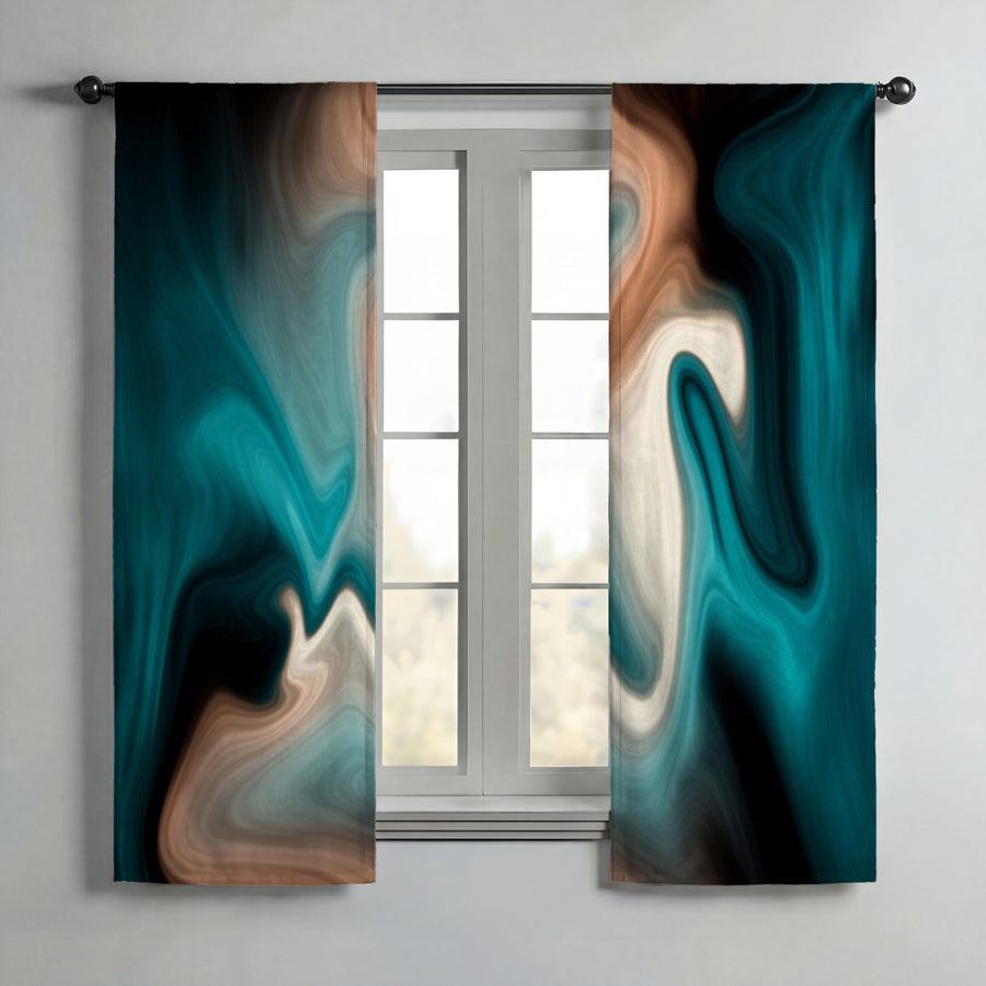 Teal Tan and Black Smoke Swirl Window Curtains