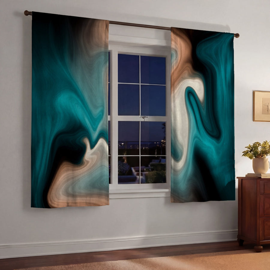 Teal Tan and Black Smoke Swirl Window Curtains