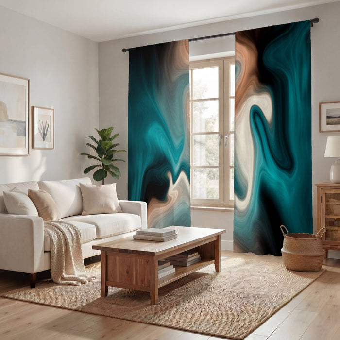Teal Tan and Black Smoke Swirl Window Curtains