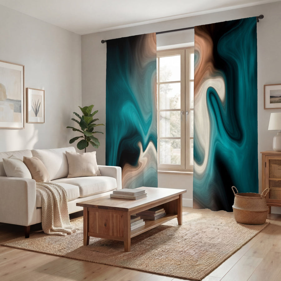 Teal Tan and Black Smoke Swirl Window Curtains