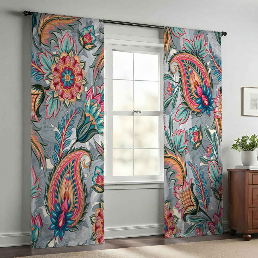 Gray Floral and Paisley Window Curtains