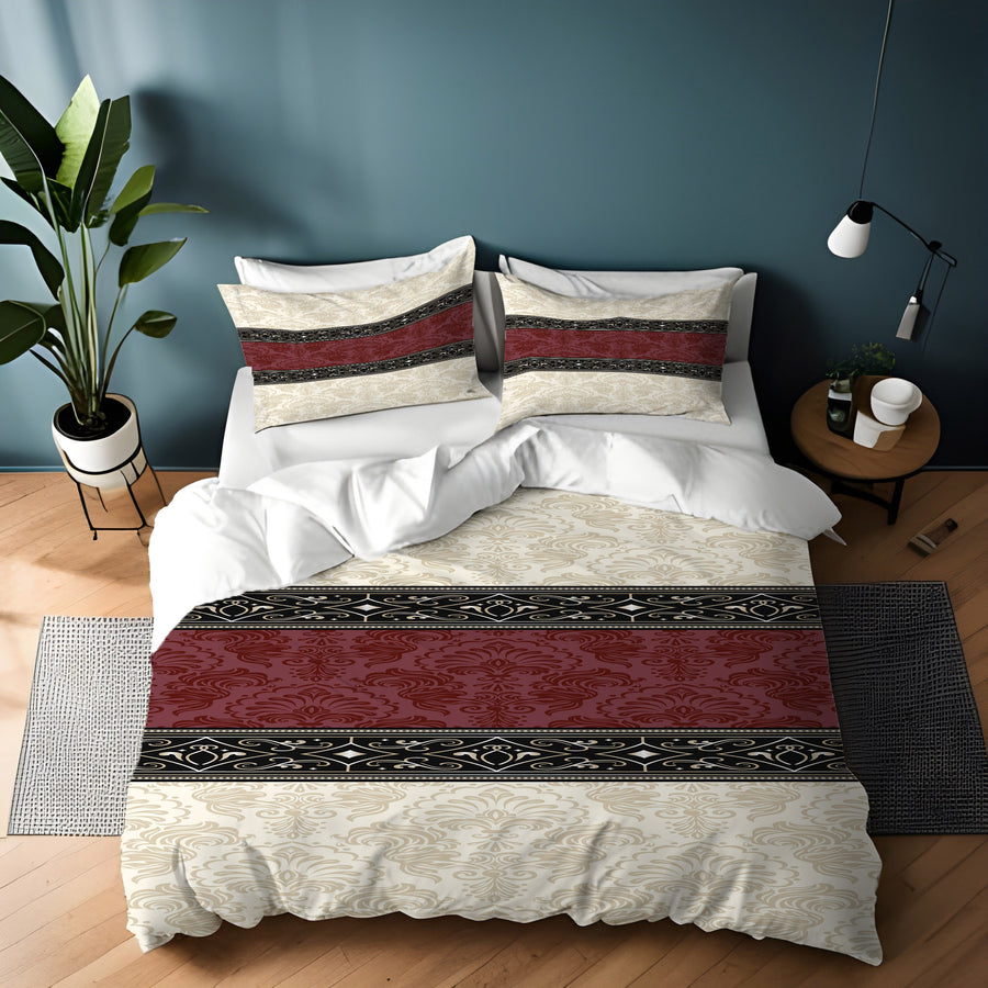 Beige and Burgundy Damask Stripe Duvet Cover