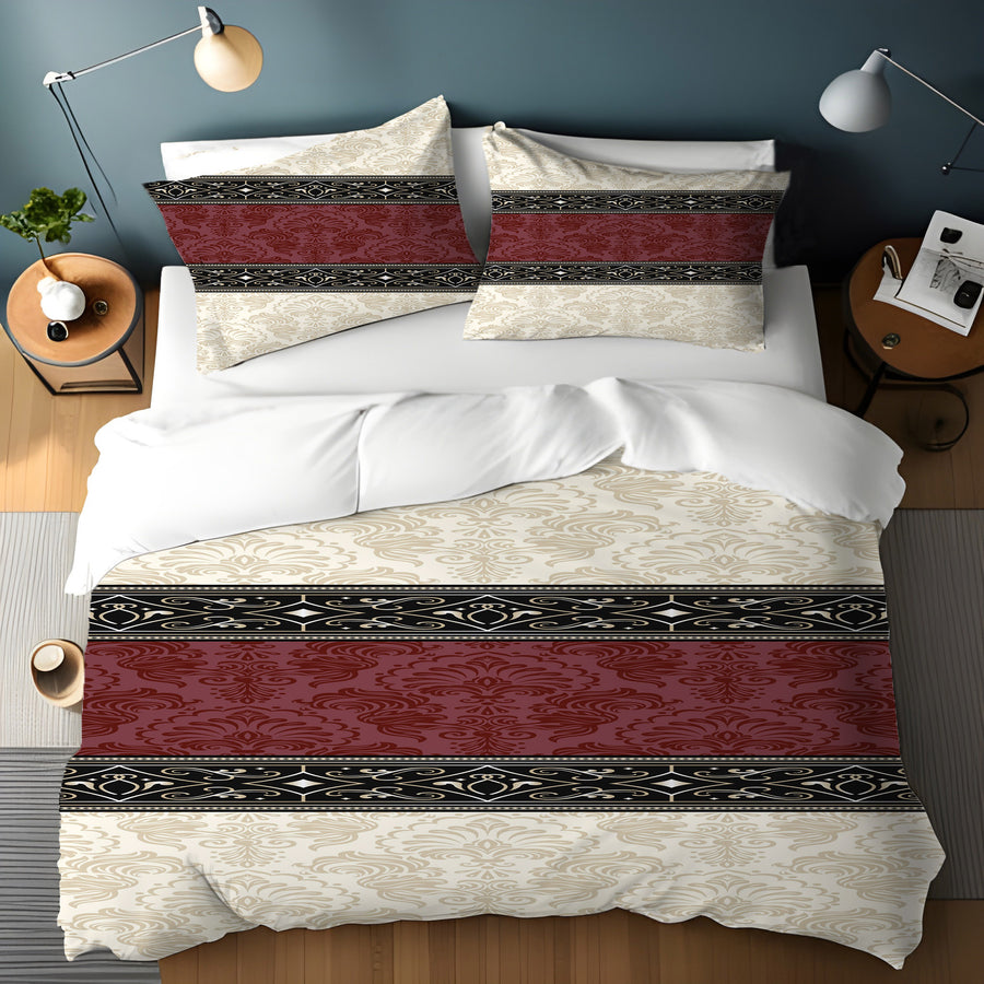 Beige and Burgundy Damask Stripe Duvet Cover