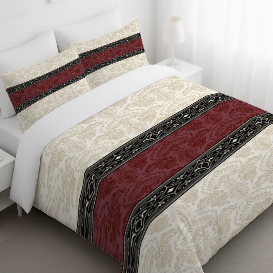 Beige and Burgundy Damask Stripe Duvet Cover