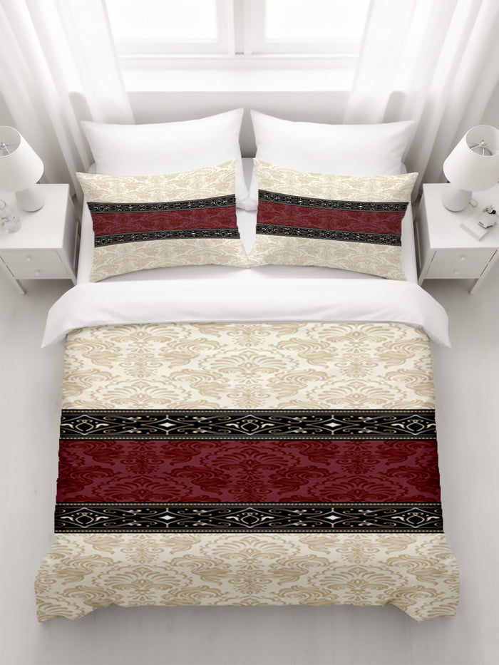 Beige and Burgundy Damask Stripe Duvet Cover