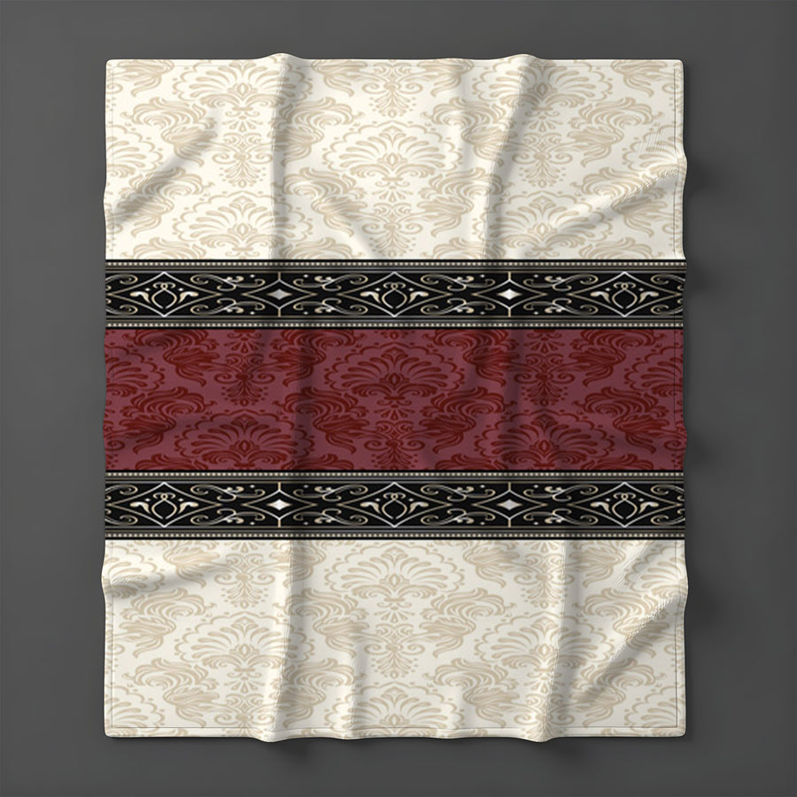 Beige and Burgundy Damask Stripe Fleece Sherpa Blanket