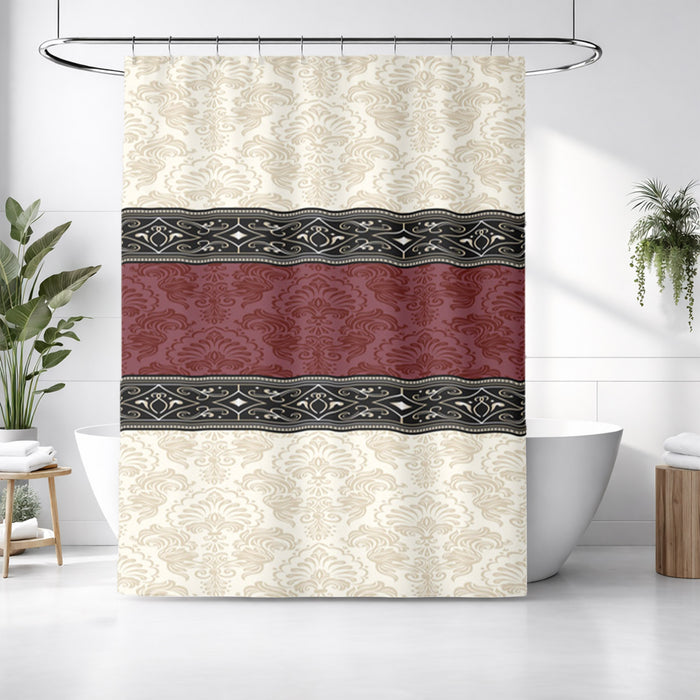 Beige and Burgundy Damask Stripe Shower Curtain