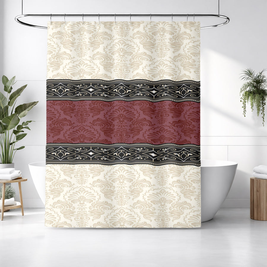 Beige and Burgundy Damask Stripe Shower Curtain