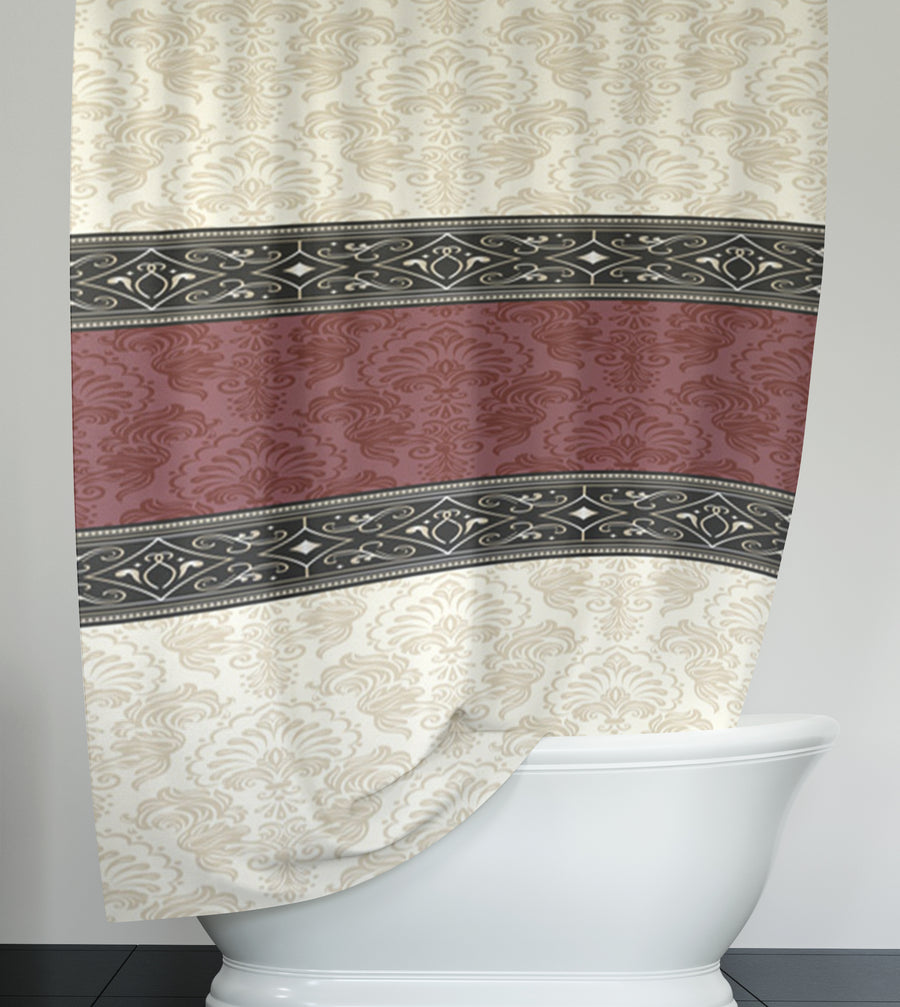 Beige and Burgundy Damask Stripe Shower Curtain