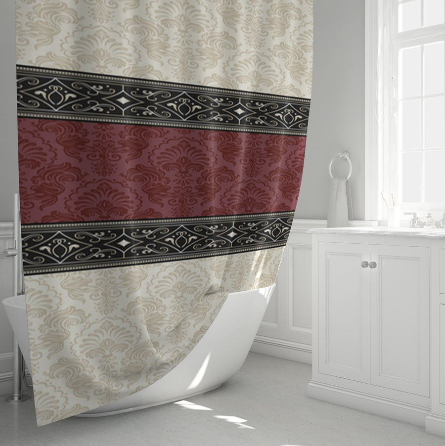 Beige and Burgundy Damask Stripe Shower Curtain