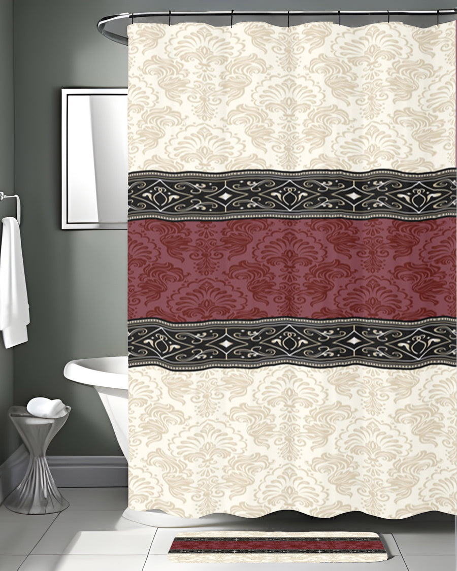 Beige and Burgundy Damask Stripe Shower Curtain